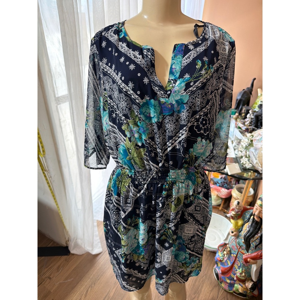 Enfocus‎ Women Navy Blue Floral Paisley Split Neck Elastic Waist Dress 14W